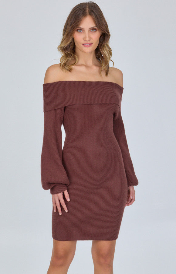 Lily Midi Dress Off the Shoulder - Chocolate